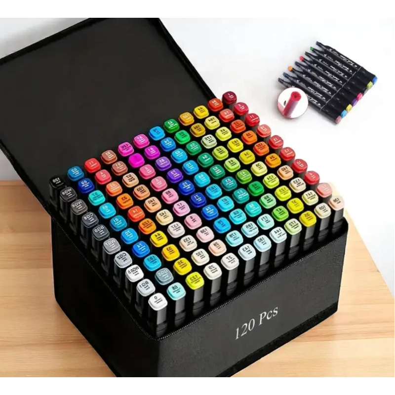 Маркери для малювання 120 шт у чохлі — спиртові, двосторонні, яскраві кольори