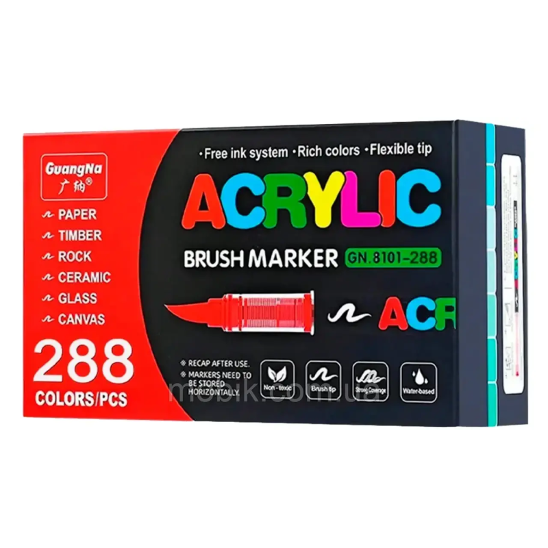 Набір маркерів GuangNa Acrylic Brush Marker GN.8101 | Акрилові художні маркери 288 шт з пензликовим наконечником