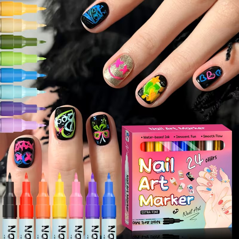 Акрилові маркери Flysea 24 кольори, точний наконечник 0,5 мм, для дизайну нігтів, малювання візерунків, скетчингу та DIY