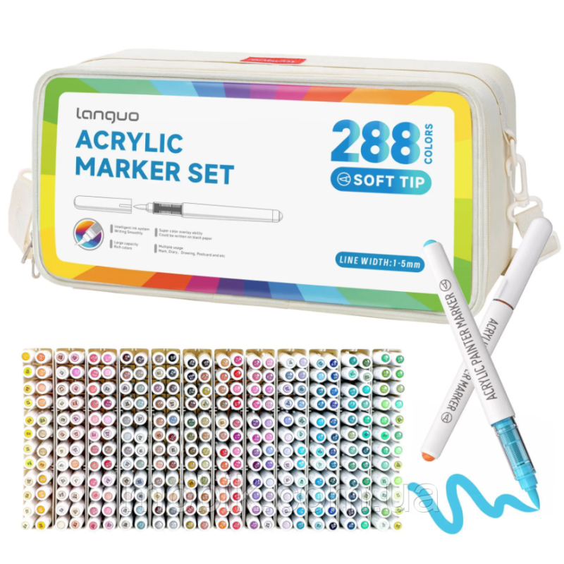 Акрилові маркери Languo 288 штук, пензликові soft brush, для розмальовок Disney, малювання, тканини, скла, дерева, пластику